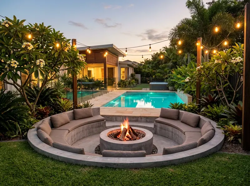 A sunken fire pit with curved concrete seating at dusk beside a pool
