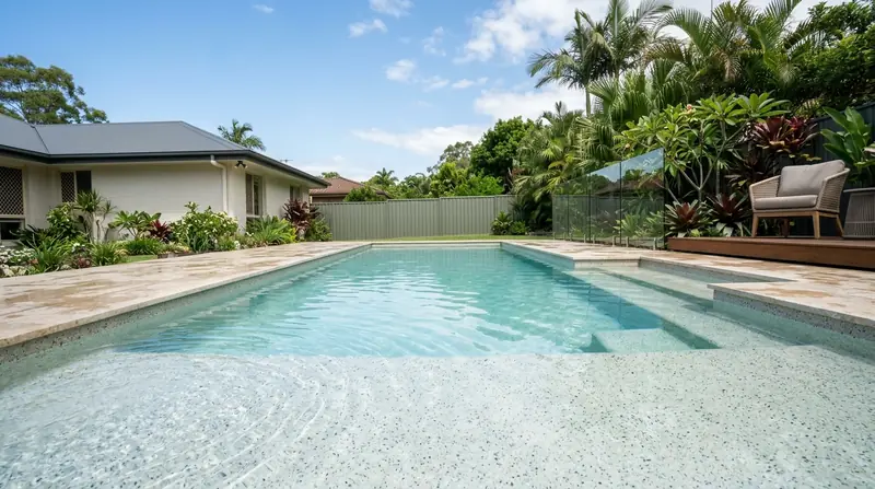 A renovated backyard pool with a pale quartz-pebble finish, travertine coping and clear aqua water beside a low-set brick house