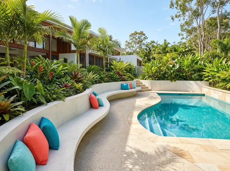 Sweeping curved concrete bench seating beside a pool