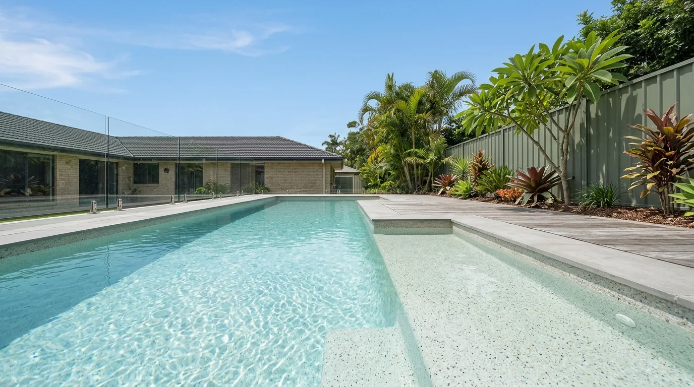 A renovated Queensland backyard pool with a fine speckled quartz-pebble finish, clear aqua water, a glass pool fence, Colorbond fencing and frangipani and palms under a blue sky